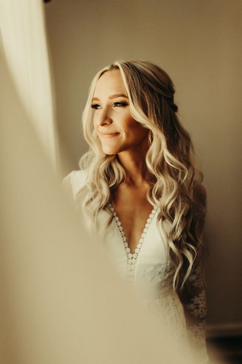 Front Of Half Up Half Down Wedding Hair, Wavy Curls Wedding Hair, One Side Hair Down Wedding, Long Curled Hairstyles Prom, Face Frame Wedding Hair, Loose Curls Long Hair Half Up, Wedding Hair One Side Pulled Back Curls, Wedding Hair Long Down Curls, Half Up Half Down Wedding Hair Face Framing