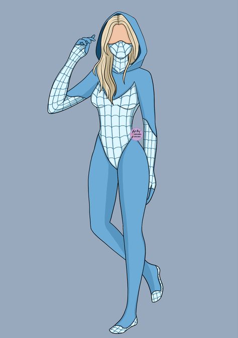 Spider Suit Drawing, Light Blue Hero Costume Design, Blue Spiderman Suit, Spider Man Suits Design Female, Spiderman Oc Girl, Spidergirl Oc, Spidey Sona, Superhero Outfits Design, Superhero And Villain Costumes