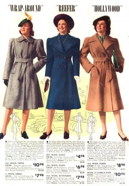 The clothes women wore were not designed by the fashionable and wealthy but by patriotism and practicality needed during times of war. Description from vintagedancer.com. I searched for this on bing.com/images 40s Mode, 1940s Coat, 1940s Fashion Women, Period Fashion, 1940s Woman, Mode Mantel, Fashion 1940s, 40s Fashion, Vintage Wardrobe