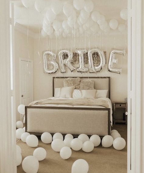 Hotel Bachelorette Party, Bride Balloons, Hotel Room Decor, Bridal Room Decor, Hotel Room Decoration, White Rose Petals, Bride To Be Decorations, White Bachelorette, Ultimate Bachelorette Party