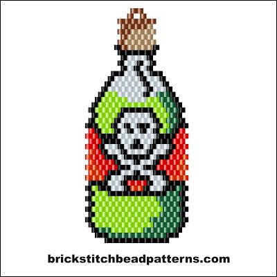 Bottle of Poison Halloween Brick Stitch Beaded Earring Pattern Color Chart  Free Bottle of Poison Halloween brick stitch seed bead earring or necklace pendant pattern, color chart, labeled color chart, letter chart, and bead count.  Get it and over 300 more free brick stitch bead patterns at  http://brickstitchbeadpatterns.com  .  .  .  .  #bead #beading #beadwork #jewelrymaking #patterns #freepattern #earrings #halloween #poison Halloween Earrings Beaded, Halloween Beading, Halloween Perler, Beaded Halloween, Brick Stitch Beading, Seed Bead Earring, Stitch Jewelry, Holiday Beading, Bead Earring