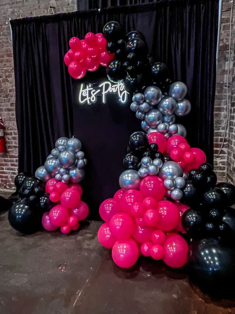 Womens 45th Birthday Party Ideas, Hot Pink Black Balloon Garland, Black White And Pink Decor Party Ideas, Hot Pink Black And Silver Balloon Garland, Pink Black Silver Balloon Garland, Pink Green Black Balloon Garland, Hot Pink Balloons Decoration, Pink Black And Silver Balloon Garland, Pink Black Balloon Garland