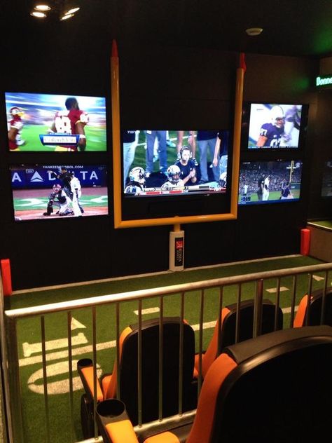 Football Game Room Ideas, Nfl Man Cave Ideas, Man Cave Ideas Football, Sports Man Cave Ideas Basement, Football Basement Ideas, Boys Basement Hangout, Sports Basement Ideas Man Caves, Room Ideas Football, Man Cave Seating Ideas