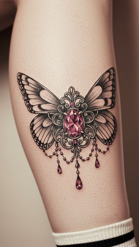 A breathtaking ornamental butterfly tattoo with fine details and a vibrant ruby centerpiece. The dangling beads create a unique jewelry-inspired look, making it a sophisticated choice for thigh tattoos.#OrnamentalTattoo #ButterflyLegTattoo #ButterflyArt #RubyTattoo #DetailedTattoos #ButterflyTattooDesigns #ButterflyTattoosforWomen #UniqueButterflyTattoos Ornamental Butterfly Tattoo, Jewel Tattoo Design, Ornamental Butterfly, Butterfly Leg Tattoos, Ruby Tattoo, A Butterfly Tattoo, Personalized Tattoos, Butterfly Tattoo Design, Unique Butterfly Tattoos