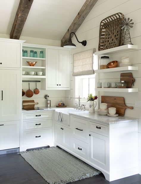 Small kitchen design-White kitchen with floating shelves-Guest Cottage Tour with Smith & Noble Shades Rustic Cottage Kitchens, Cottage Tour, Sanctuary Home Decor, Sanctuary Home, Small Cottage Kitchen, Floating Shelves Kitchen, Simple Farmhouse, Cozy Furniture, Rustic Bathroom Decor