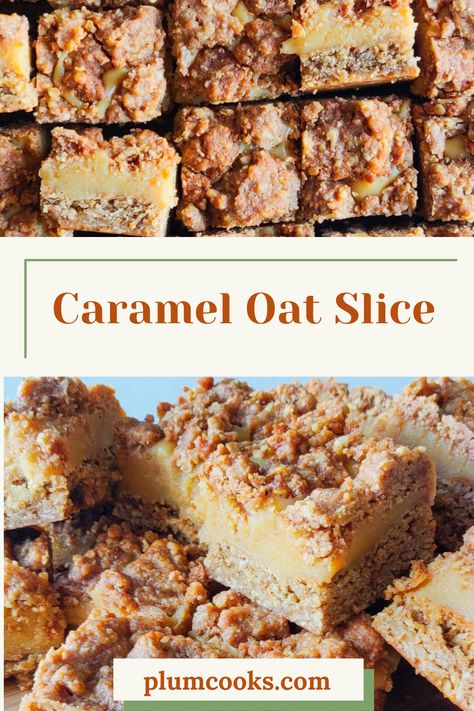 This Caramel Oat Slice is an amazing snack to satisfy your sweet tooth. A Caramel Oat Slice that is super yummy! Head to Plumcooks for full recipe! Oaty Caramel Slice, Caramel Oat Slice, Healthy Caramel Slice, Oat Slice Recipe, Oat Slice Healthy, No Bake Slice, Caramel Slice Recipe, Morning Teas, Classic Meals