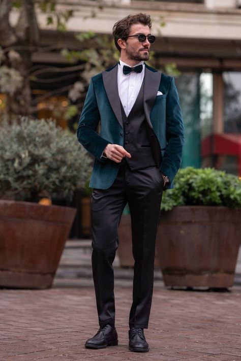 Embrace luxury and sophistication with the Emerald Velvet Slim-Fit Tuxedo 3-Piece Suit. The rich velvet fabric, sleek slim-fit silhouette, and three-piece set showcase a perfect blend of opulence and modern style. #emeraldvelvet #slimfittuxedo #luxuryfashion #sophisticatedlook #mensfashion #formalstyle #modernmenswear #velvetattire 3piece Suit Men, Three Piece Suit Mens, Emerald Velvet, Suit Styles, Double Breasted Tuxedo, Wedding Outfits For Groom, Suit Stores, Slim Fit Suit Men, Slim Fit Tuxedo