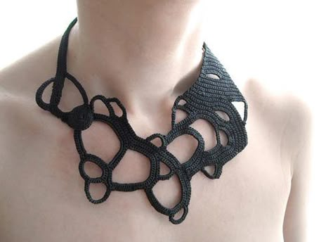 I just stumbled on Okapiknits, a Paris-based Etsy shop with some of the most beautiful knits and crocheted items, specifically the necklaces. Black Lace Necklace, Organic Necklace, Fiber Necklace, Crochet Jewellery, Lace Necklace, Fiber Jewelry, Freeform Crochet, Textile Jewelry, Modern Necklaces