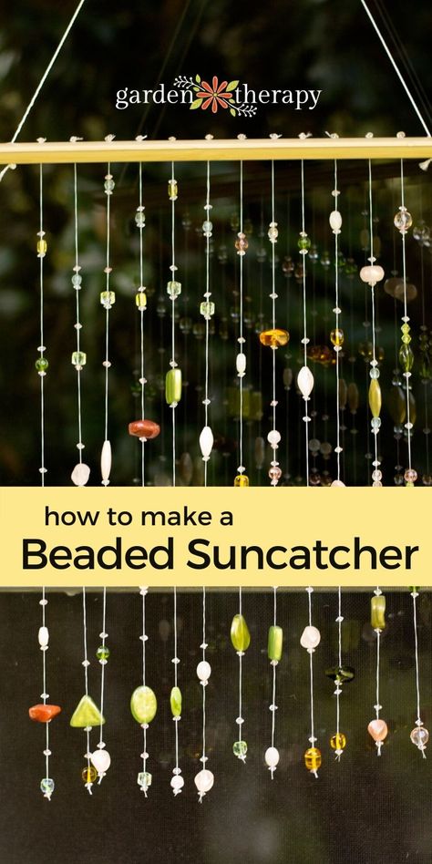 This suncatcher is not only pretty, but it saves wildlife! Placing one in front of your window disrupts the reflection and prevents birds from flying into the glass. Whether you want to catch the golden rays of the sun or protect backyard biords, a beaded suncatcher is a fun and easy project you can complete in an afternoon. #gardentherapy #diy #gardendiy #suncatcher #birds #beadcraft Crystal Suncatchers Diy, Beaded Suncatcher, Wind Chimes Homemade, Suncatcher Diy, Diy Suncatchers, Wind Chimes Craft, Herb Gardens, Diy Wind Chimes, Rays Of The Sun