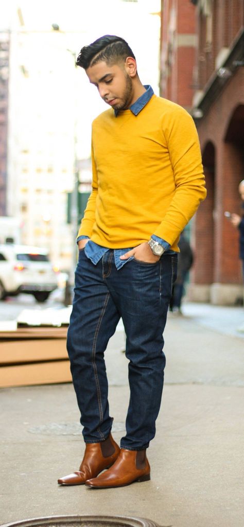 Denim Undershirt, Mustard Yellow Sweater and Denim Jeans outfit Yellow Sweater Mens, Mustard Pants Outfit, Yellow Sweater Outfit, Yellow Shirt Men, Yellow Shirt Outfit, Shirt Spring Outfit, Mustard Yellow Outfit, Mustard Outfits, Denim Shirt Outfit