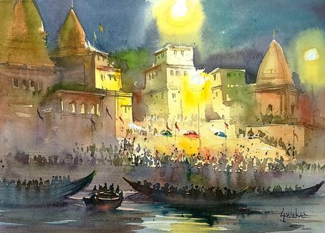 Ganga Aarti - Still Life Water Painting | World Art Community Banaras Ghat Painting, Ghat Painting, Banaras Ghat, Indian City, Buy Paintings Online, Indian Art Gallery, Art Hub, City Illustration, Simple Acrylic Paintings