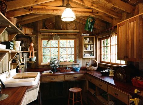 Dark yet light. Practical yet pretty. Love the wrap around workbench, drawers, small curio shelf, and the WINDOWS. Shed Ideas Inside, Shed Interior Design Ideas, Shed Homes Interior, Shed House Interior, Gardening Layout, Garden Shed Interiors, Backyard Storage Sheds, Shed Interior, Backyard Storage