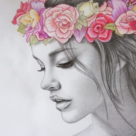 #flowers #drowing #art Drawing Crown, Crown Drawing, Tumblr Drawings, 얼굴 드로잉, Flowers In Her Hair, Pretty Drawings, Drawing Easy, Beautiful Drawings, Drawing Tutorials