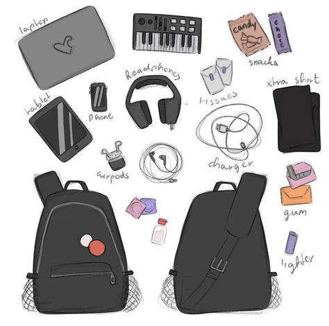 Whats In My Ocs Bag, Anime Bags Drawing, Cute Backpack Drawing, Anime Backpack Drawing, Anime Bag Drawing, Draw Backpack, Backpack Reference, Drawing Bags, Backpack Drawing