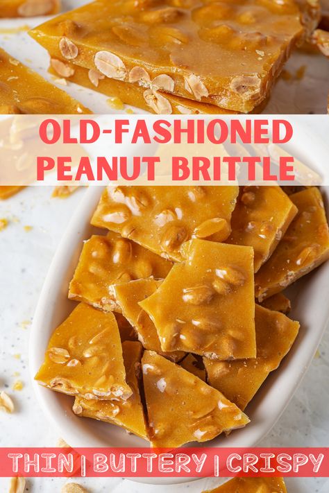 A picture of two pieces of peanut brittle stacked on top of each other. There is a picture below it with multiple pieces of peanut brittle in a white bowl. Home Made Peanut Brittle, Buttery Peanut Brittle Recipe, Sugar Free Peanut Brittle, Bulldog Brittle Recipe, Best Peanut Brittle Recipe, Peanut Brittle Recipe Easy No Corn Syrup, How To Make Peanut Brittle, Peanut Brittle Recipe Easy, Homemade Peanut Brittle