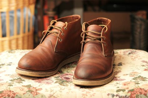 My pre-oiled Red Wing Chukkas. These are my yard work shoes. They probably would've looked nice out on the town, but they're Red Wings. I got some nice Wolverine shoes to replace these when they give up the ghost. But I don't think they'll ever wear out! Great shoes! Red Wing Chukka, Redwing Boots, Red Wing Style, Red Wing Heritage Boots, Dress Men, Red Wing Boots, Mens Boots Casual, Red Wing Shoes, Boot Straps