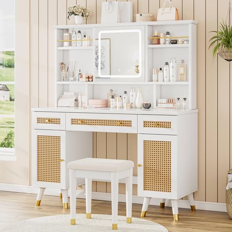 PRICES MAY VARY. [Large Rattan Vanity Desk] Overall measuring: 47.2''W*15.7''D*55.1''H. Eco-friendly paint finish, lighted HD mirror & 47in wide tabletop & rattan-door decor design add modern charm & elegance, gold handles & upholstered stool add refinement & practicality [Touch Control Lighted Mirror] Gently touch the button to adjust 3 color modes, long press to adjust 5 brightness. Providing you with the perfect ambiance for your makeup application making your daily beauty rituals effortless Rattan Vanity, Boho Vanity, Rattan Accents, Modern Vanity Table, Rattan Door, Vanity Desk With Mirror, Desk With Mirror, Makeup Vanity Desk, Illuminated Mirror