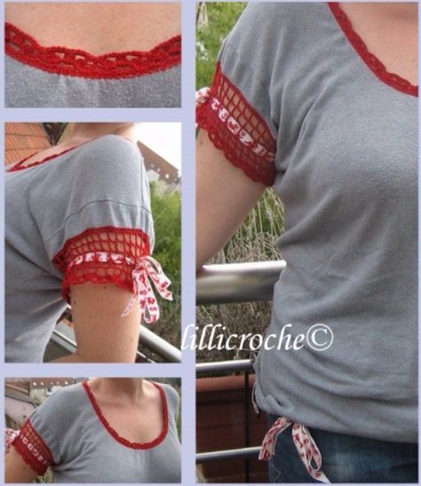 Diy Fashion Upcycle, Umgestaltete Shirts, Sewing Tshirt, Shirt Makeover, Clothes Upcycle, Crochet Embellishments, Diy Clothes Refashion, Tshirt Makeover, Crochet T Shirts