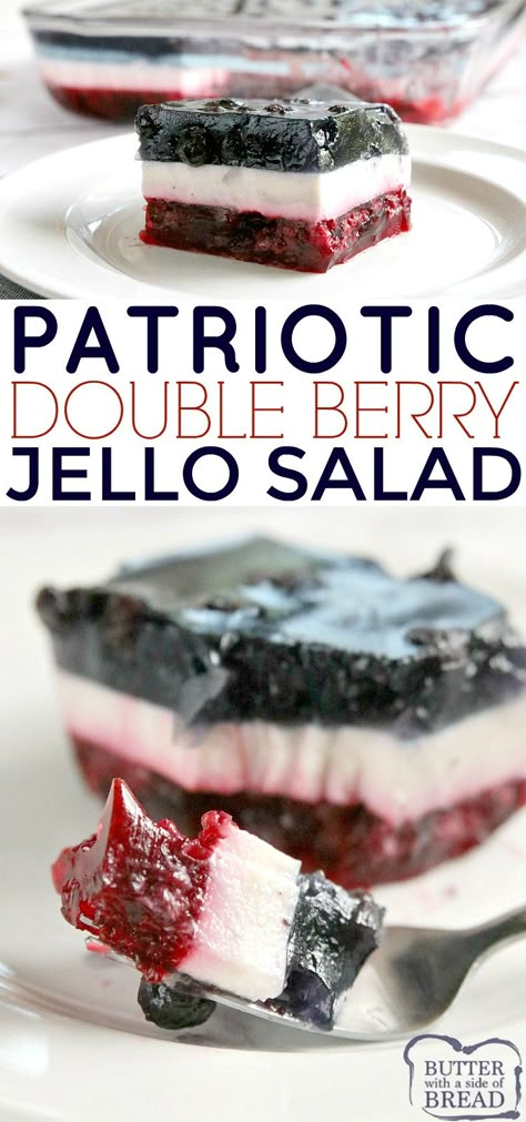 Blue Jello Salad, Layered Jello Salad, Layered Jello Recipe, Red White And Blue Jello, Blueberry Jello Salad, Jello Fruit Salads, Jello Mousse, Strawberry Panna Cotta, Congealed Salad