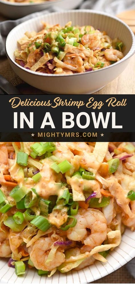 This Bang Bang Shrimp Bowl is like a shrimp egg roll in a bowl topped with delicious bang bang sauce. This recipe essentially deconstructs the popular Americanized Chinese food menu item, the egg roll, in a bowl. Ready in just 20 minutes! A quick and easy dinner that's low on carbs too. Bang Bang Shrimp Bowl, Recipe With Cabbage, Egg Roll Bowl, Chinese Food Menu, Shrimp Egg Rolls, Egg Roll Recipe, Shrimp Bowl, Eggroll In A Bowl, Egg Roll In A Bowl