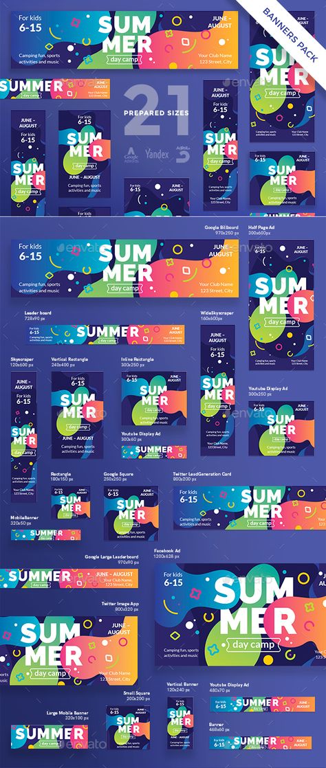 Summer Day Camp Banner Pack - Template PSD, Vector EPS #promotion #ads Banner Design Templates, Presentation Website, Modern Advertising, Sale Background, Website Banner Design, Logos Retro, Web Design Quotes, Banner Design Inspiration, Webdesign Inspiration