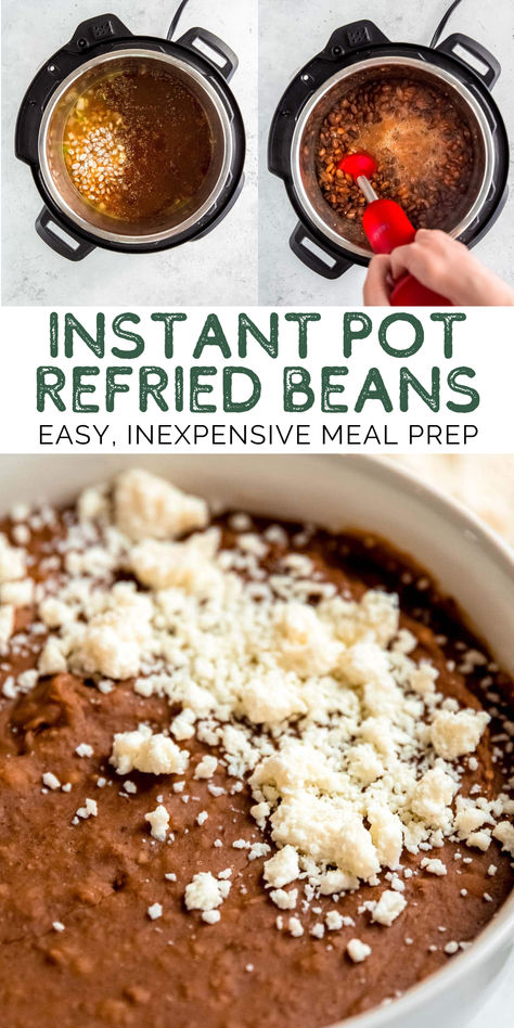 These Instant Pot Refried Beans take less time than traditional refried beans and are significantly healthier than canned refried bean options. Use these step-by-step instructions to easily prepare delicious, healthy refried beans that can be served as a side dish, appetizer, or even a main dish! This inexpensive meal prep recipe is an easy way to stretch your budget without sacrificing taste! Instapot Refried Beans Recipe, Refined Beans Recipe, Refried Beans Recipe Instant Pot, Dry Beans In Instant Pot, Charro Beans Instant Pot, Refried Beans Recipe Canned, Inexpensive Meal Prep, Instant Pot Bean Recipes, Refried Beans Instant Pot