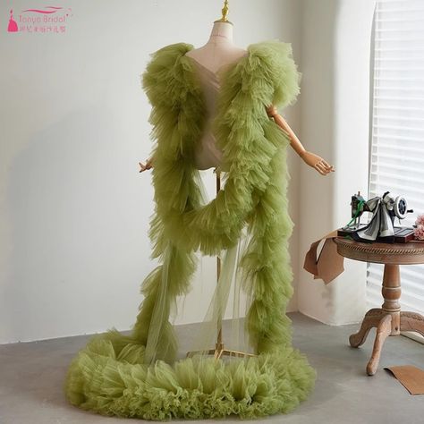 Avocado Green Tulle Long Evening Cape With Ruffles Illusion Sexy  A Line Long Jacket Elegant Bolero Wraps Accessories - AliExpress 320 Elegant Bolero, Shawl Fashion, Green Tulle, Bridal Shawl, Wedding Cape, Long Train, Tulle Wedding, Avocado Green, Long Jacket