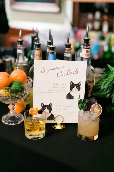 Cat Inspired Cocktails, Cat Signature Cocktail, Wedding Bar Drinks, Cat Cocktail, Cocktail Sign Wedding, Signature Cocktail Menu, Wedding Drink Bar, Wedding Drink Sign, Cocktail Wedding Reception