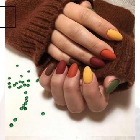 Autumn Rainbow Nails, Fall Color Block Nails, Gel Polish Nail Designs Fall, Christmas Nails Multi Color, Nail Autumn Ideas, Mabon Nails, Fall Nails Multi Colored, Fall Multi Colored Nails, Fall Rainbow Nails