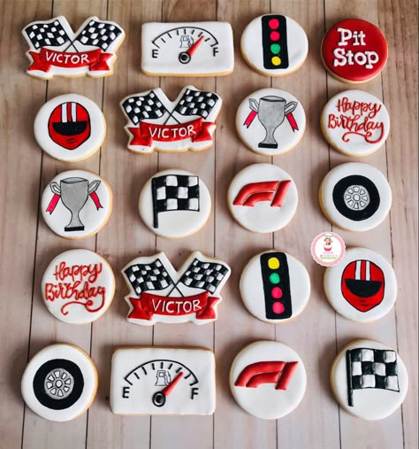 Race Car Biscuits, Race Car Themed Cookies, Race Car Theme Treats, Formula 1 Party Decoration, Race Car Cookies Decorated, F1 Cookies, F1 Theme Party Birthday, Formula 1 Cookies, Racing Cookies