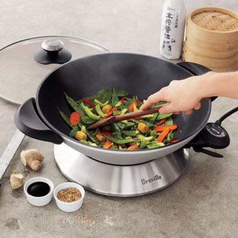 Breville Stainless-Steel Electric Hot Wok - $117 Sesame Chicken Stir Fry, Electric Wok, Small Kitchen Gadgets, Cooking Temperatures, Chicken Stir Fry, Dinner Is Served, Cooking Appliances, Small Kitchen Appliances, Kitchen Stuff