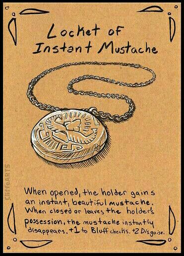 Locket of Instant Mustache @cliffearts Silly Magic Items Dnd, Dnd Items Homebrew, Dnd Loot, Magical Item, Homebrew Items, Dnd Diy, Dnd Crafts, Dnd Homebrew, Dnd Items