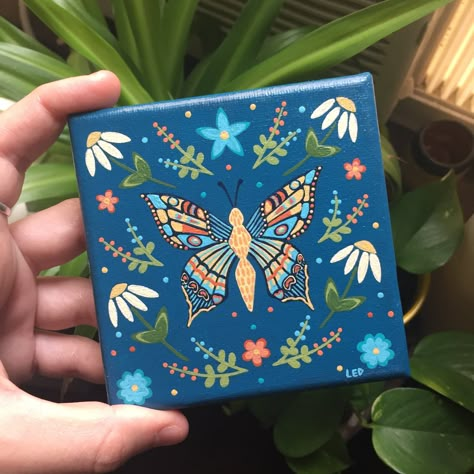 Add a pop of color to any room in your home with one-of-a-kind hand-painted butterfly and floral canvas!   This acrylic painting on stretched canvas is unique and made just for you!  Includes satin varnish for water resistance & durability. Very Small Canvas Art, Eclectic Canvas Painting, Diy Butterfly Painting, Patchwork Painting On Canvas, Canvas Art Mini, Acrylic Butterfly, Butterfly Painting Ideas, Easy Butterfly Painting, Painted Butterfly