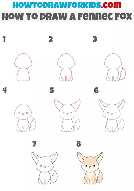 How to Draw a Fennec Fox - Easy Drawing Tutorial For Kids How To Draw A Fennec Fox Easy, Easy Wild Animal Drawings, Fennec Fox Drawing, Deer Drawing Easy, Cartoon Fox Drawing, Zorro Fennec, Fox Drawing Easy, Simple Drawing Tutorial, Funny Creatures