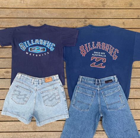 two vintage Bellmonte to 19 nineties with major graphics spelling out the word billabong across age lying on a wooden deck each paired with a piece of 90s billabong denim appear on the left with some pale billabong shorts with waving Brady over the pockets in the day on the right with the dark wash for a billabong jeans with branding over the belt loops Summer Surf Aesthetic Outfits, Billabong Outfits Summer, Surfer Astethic Outfits, 90s Surf Fashion, Brands To Look For At Thrift Stores, Billabong Fits, Billabong Aesthetic, Surfer Style Outfits, Vintage Surf Aesthetic