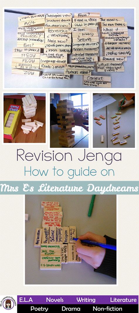 Revision is a tricky nut to crack, especially for literature students where the topics for revision are as wide ranging as quotations from the text to feminist readings to historical context. Jenga… Revision Games, Revision Ideas, Gcse Pe, 8th Grade English, Revision Techniques, Chalkboard Classroom, Exam Revision, Teaching Secondary, 8th Grade Ela