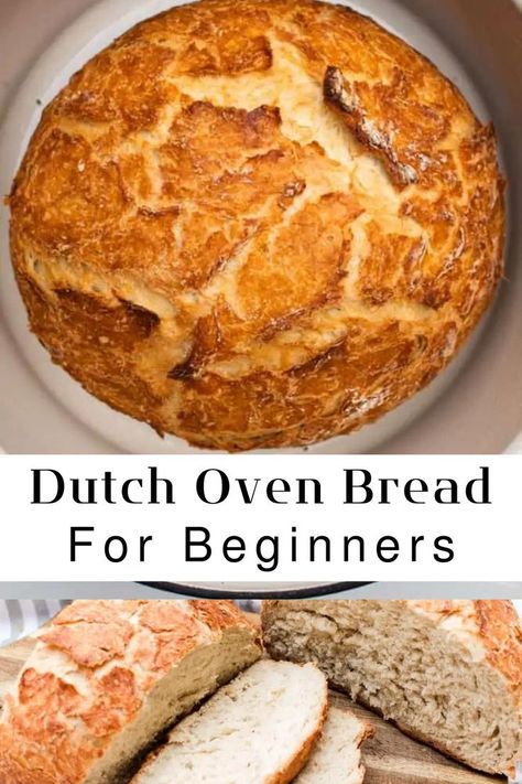 Brown crusty round loaf of bread in dutch oven. second picture is soft sliced bread Bread In Dutch Oven, Bread For Beginners, Dutch Oven Recipes Cast Iron, Beginners Bread Recipe, Oven Bread, Dutch Oven Bread, Tasty Bread Recipe, Homemade Bread Recipes Easy, Artisan Bread Recipes