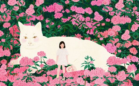 Giant Cat, Flower Cat, Desktop Wallpaper Art, Cat Flowers, Big Art, Big Cat, Cat Wallpaper, Cat Illustration, Giclée Print