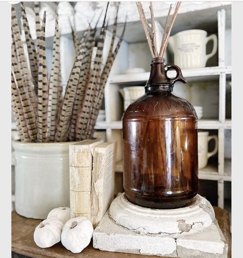 Brown Jug Decor, Jug Decor, Amber Glass Vase, Apothecary Pharmacy, Brown Glass Bottles, Fall Farmhouse Decor, Centerpiece Vase, Amber Brown, Fall Farmhouse