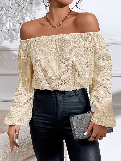 Off Shoulder Lantern Sleeve Sequin Blouse Gold Sequin Top Outfit, Gold Outfit, Sequin Blouse, Golden Birthday, Plain Tops, Women Blouses, Lantern Sleeve, Womens Casual Outfits, Lantern Sleeves