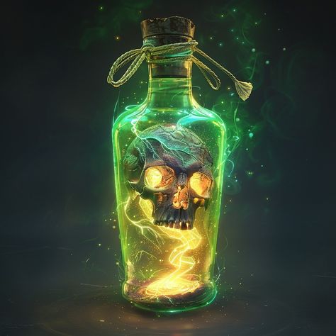 Witches Potions, Poison Magic Fantasy Art, Dark Potions Aesthetic, Fantasy Poison, Potion Shop Fantasy Art, Skull Bottle, Glowing Potion, Uranium Aesthetic, Magic Bottles