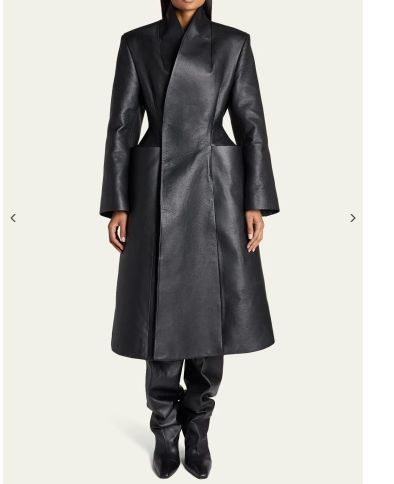 Hourglass Coat, Winter 22, Side Split, Bergdorf Goodman, Shawl Collar, Leather Coat, Editorial Fashion, Fit And Flare, The Knee