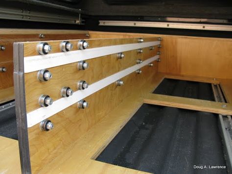 I decided to build roller-bearing slides instead of commercially available slides. This should provide years of solid use! 1" square tubing was bolted to the drawer sides to run between these bearings. Rv Bumper Storage Rack, Diy Drawer Slides, Truck Bed Drawers, Truck Bed Slide, Kangoo Camper, Bed Slide, Truck Bed Storage, Bed Drawers, Work Van