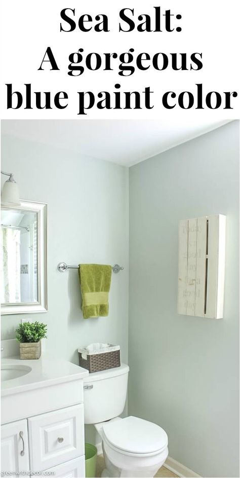 I love Sherwin Williams’ Sea Salt paint! It’s the prettiest shade of blue paint for a bathroom or any room in the house! The blue paint looks great with the white door and vanity! Click through to see more gorgeous pictures of Sea Salt by Sherwin Williams! #greenwithdecor #seasalt #paintcolor #bathroom #coastalstyle Sea Salt Green Bathroom, Sherwin Williams Sea Salt Bathroom, Pictures Of Sea, Salt Paint, Sea Salt Paint, Sherwin Williams Sea Salt, Rustic Wall Decor Diy, Paint Pallets, Green Grey Paint