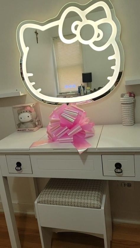 Hello Kitty Mirror Aesthetic, Big Hello Kitty Mirror, Hello Kitty Vanity Mirror, Desk Mirror With Lights, Hello Kitty Vanity, Vanity Hello Kitty, Hello Kitty Mirror, Hello Kitty Room Decor, Kawaii Desk