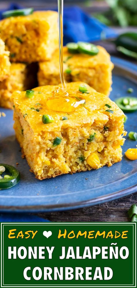 This Honey Jalapeño Cornbread is a Mexican twist on your traditional cornbread. Loaded with spicy jalapenos, sweet honey, and corn kernels. This homemade side dish is easily made gluten-free and vegan for a dish everyone will love. #cornbread #bread #vegetarian #glutenfree #jalapeño #honey Cornbread Gluten Free, Jalapeño Cornbread Recipe, Spicy Cornbread, Recipe With Honey, Gluten Free Thanksgiving Recipes, Jalapeño Cornbread, Honey Cornbread, Gluten Free Cornbread, Thanksgiving Appetizer Recipes