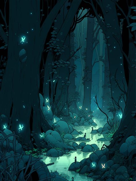 Dark Forest Digital Art, Dark Woods Illustration, Spooky Forest Illustration, Thick Forest Aesthetic, Moody Dark Aesthetic, Mangrove Aesthetic, Cute Forest Aesthetic, Forest Storyboard, Dark Forest Drawing