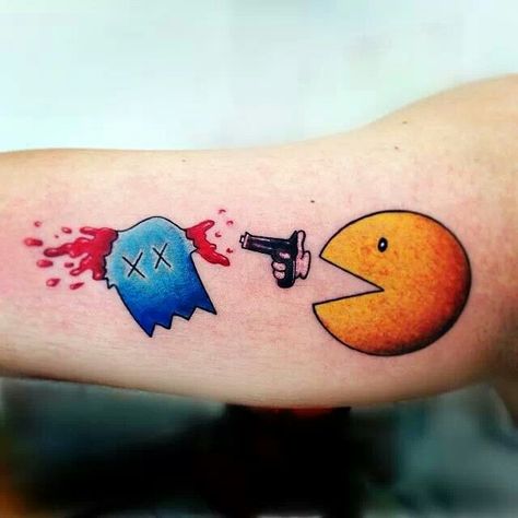 Pacman tattoo Pacman Tattoo, Vendetta Tattoo, Video Game Tattoos, Ghost Tattoo, Tattoo Fails, Incredible Tattoos, Gaming Tattoo, Gambling Tattoo, 1 Tattoo