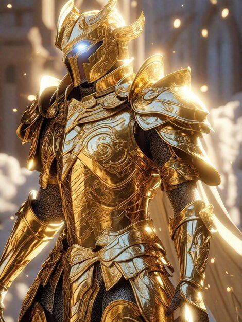 Photo a knight in a shiny golden armor | Premium Photo #Freepik #photo Sun Armor Fantasy Art, Golden Warrior Aesthetic, Gold Fantasy Armor, Golden Knight Fantasy Art, Golden Armor Fantasy Art, Heavenly Armor, Cool Knight Armor, Sun Armor, Armor Rpg