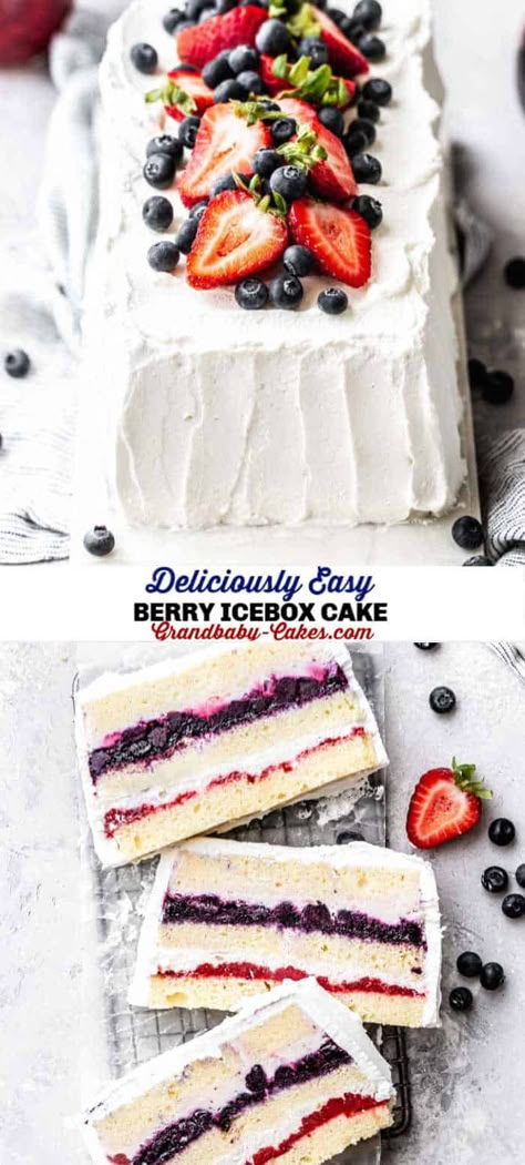 Berry Icebox Cake Recipe Pioneer Woman Icebox Cake, Refrigerated Cake Recipes, Berry Ice Cream Cake, Blackberry Icebox Cake, Summer Ice Cream Cake, Strawberry Shortcake Icebox Cake, Summer Ice Box Cake, Frozen Pound Cake Desserts, Summer Icebox Cake